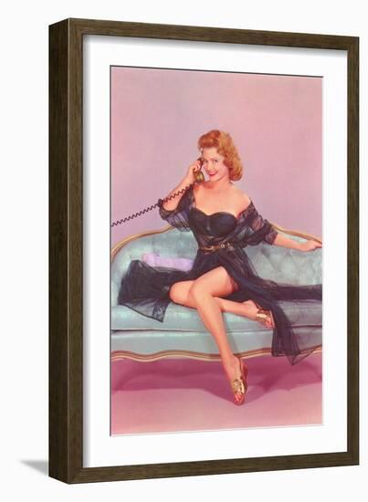 Woman in Black Lingerie on Telephone-null-Framed Art Print