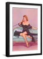 Woman in Black Lingerie on Telephone-null-Framed Art Print