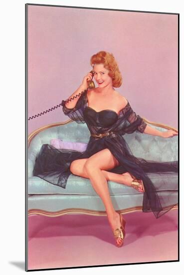 Woman in Black Lingerie on Telephone-null-Mounted Art Print