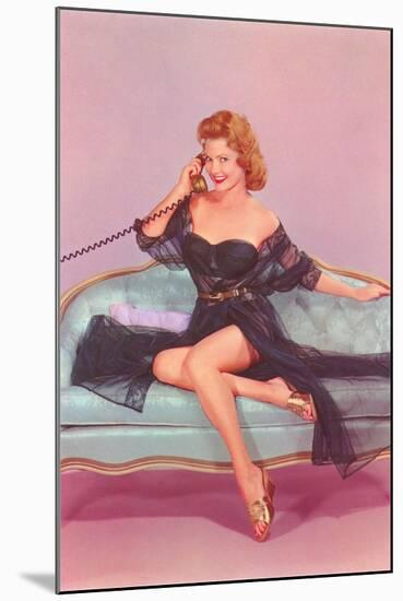 Woman in Black Lingerie on Telephone-null-Mounted Art Print