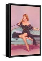 Woman in Black Lingerie on Telephone-null-Framed Stretched Canvas