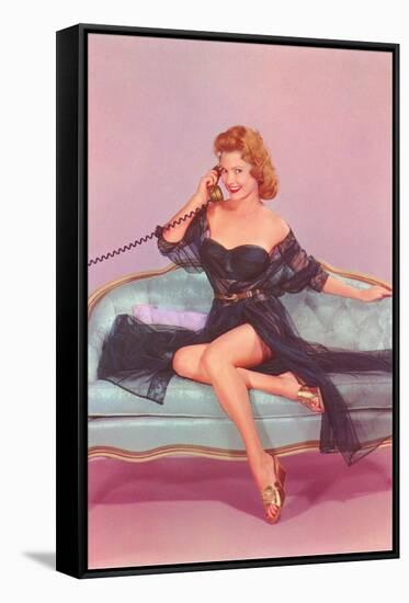 Woman in Black Lingerie on Telephone-null-Framed Stretched Canvas