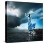 Woman in Blue Dress Reaching for the Light-brickrena-Stretched Canvas