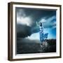 Woman in Blue Dress Reaching for the Light-brickrena-Framed Photographic Print