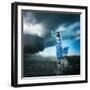 Woman in Blue Dress Reaching for the Light-brickrena-Framed Photographic Print