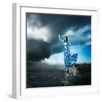 Woman in Blue Dress Reaching for the Light-brickrena-Framed Photographic Print