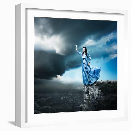 Woman in Blue Dress Reaching for the Light-brickrena-Framed Photographic Print