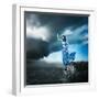 Woman in Blue Dress Reaching for the Light-brickrena-Framed Photographic Print