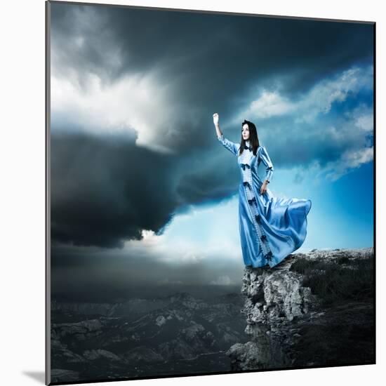 Woman in Blue Dress Reaching for the Light-brickrena-Mounted Photographic Print