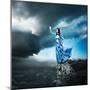 Woman in Blue Dress Reaching for the Light-brickrena-Mounted Photographic Print