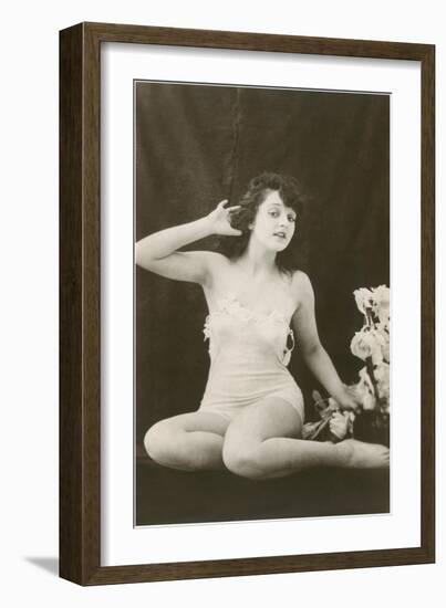 Woman in Camisole Trying to Hear-null-Framed Art Print