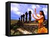 Woman in Costume at Ahu Tongarriki, Tapati Festival, Rapa Nui, Easter Island, Chile-Bill Bachmann-Framed Stretched Canvas