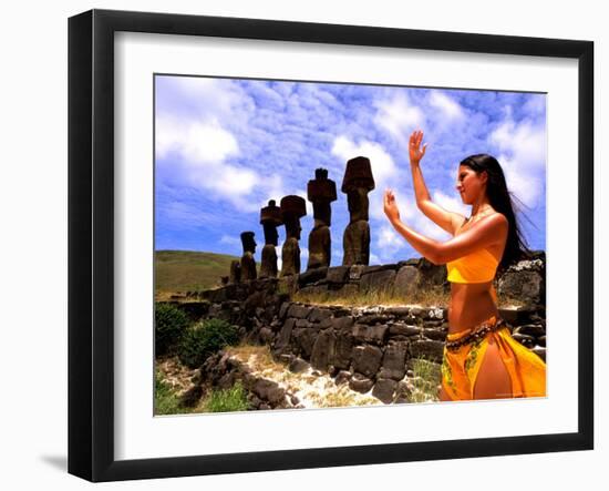 Woman in Costume at Ahu Tongarriki, Tapati Festival, Rapa Nui, Easter Island, Chile-Bill Bachmann-Framed Photographic Print