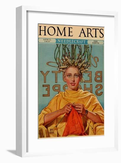 Woman In Curlers Knits-null-Framed Art Print