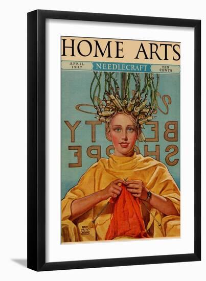 Woman In Curlers Knits-null-Framed Art Print