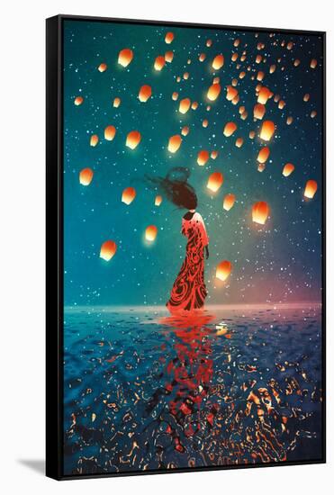 Woman in Dress Standing on Water against Lanterns Floating in a Night Sky,Illustration Painting-Tithi Luadthong-Framed Stretched Canvas