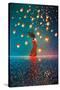 Woman in Dress Standing on Water against Lanterns Floating in a Night Sky,Illustration Painting-Tithi Luadthong-Stretched Canvas