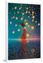 Woman in Dress Standing on Water against Lanterns Floating in a Night Sky,Illustration Painting-Tithi Luadthong-Framed Art Print