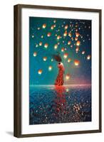 Woman in Dress Standing on Water against Lanterns Floating in a Night Sky,Illustration Painting-Tithi Luadthong-Framed Art Print