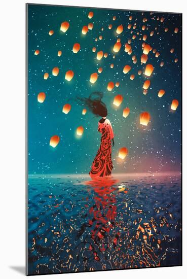 Woman in Dress Standing on Water against Lanterns Floating in a Night Sky,Illustration Painting-Tithi Luadthong-Mounted Art Print