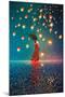 Woman in Dress Standing on Water against Lanterns Floating in a Night Sky,Illustration Painting-Tithi Luadthong-Mounted Art Print