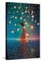 Woman in Dress Standing on Water against Lanterns Floating in a Night Sky,Illustration Painting-Tithi Luadthong-Stretched Canvas