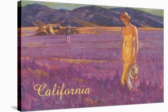 Woman in Field of Purple Flowers, California-null-Stretched Canvas