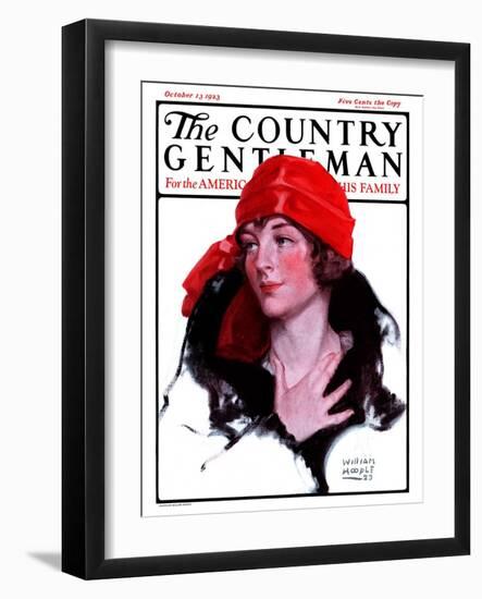 "Woman in Fur and Red Hat," Country Gentleman Cover, October 13, 1923-WM. Hoople-Framed Giclee Print