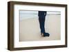 Woman in Gorgeous Blue Dress Walking on the Beach in Cloudy Weather; Back View-JuliyaKosynskaya-Framed Photographic Print