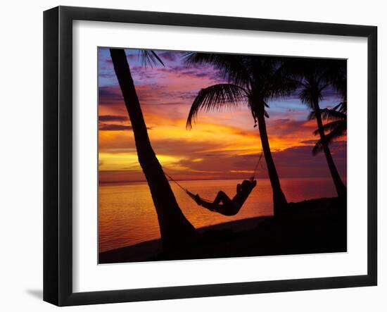 Woman in Hammock, and Palm Trees at Sunset, Coral Coast, Viti Levu, Fiji, South Pacific-David Wall-Framed Premium Photographic Print