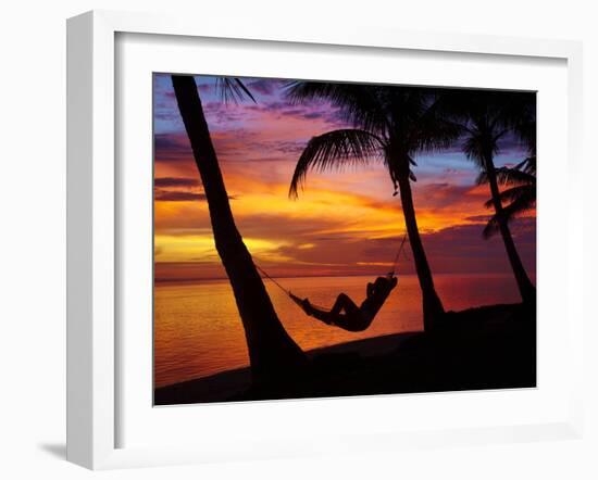 Woman in Hammock, and Palm Trees at Sunset, Coral Coast, Viti Levu, Fiji, South Pacific-David Wall-Framed Premium Photographic Print