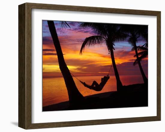 Woman in Hammock, and Palm Trees at Sunset, Coral Coast, Viti Levu, Fiji, South Pacific-David Wall-Framed Photographic Print