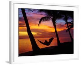 Woman in Hammock, and Palm Trees at Sunset, Coral Coast, Viti Levu, Fiji, South Pacific-David Wall-Framed Photographic Print