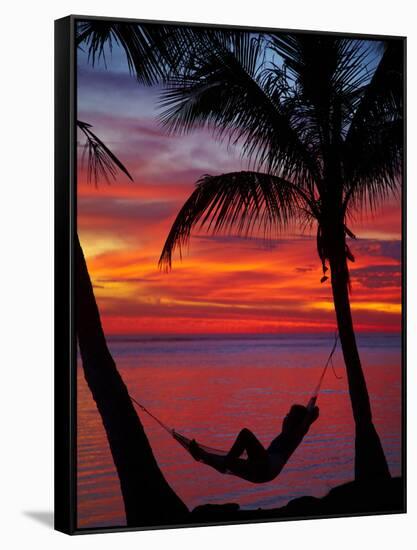 Woman in Hammock, and Palm Trees at Sunset, Coral Coast, Viti Levu, Fiji, South Pacific-David Wall-Framed Stretched Canvas