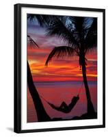 Woman in Hammock, and Palm Trees at Sunset, Coral Coast, Viti Levu, Fiji, South Pacific-David Wall-Framed Premium Photographic Print