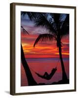 Woman in Hammock, and Palm Trees at Sunset, Coral Coast, Viti Levu, Fiji, South Pacific-David Wall-Framed Premium Photographic Print