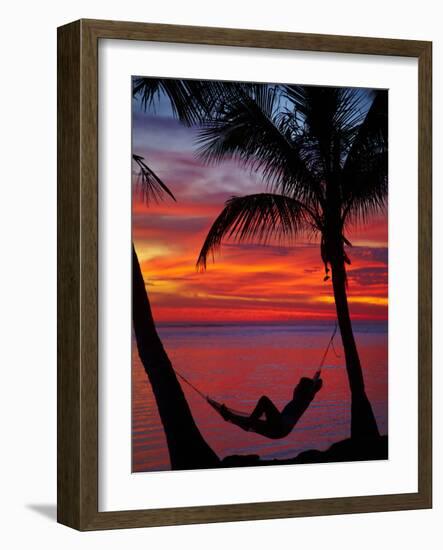 Woman in Hammock, and Palm Trees at Sunset, Coral Coast, Viti Levu, Fiji, South Pacific-David Wall-Framed Photographic Print