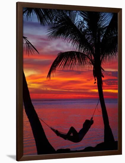 Woman in Hammock, and Palm Trees at Sunset, Coral Coast, Viti Levu, Fiji, South Pacific-David Wall-Framed Photographic Print