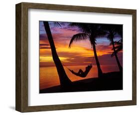 Woman in Hammock, and Palm Trees at Sunset, Coral Coast, Viti Levu, Fiji, South Pacific-David Wall-Framed Photographic Print