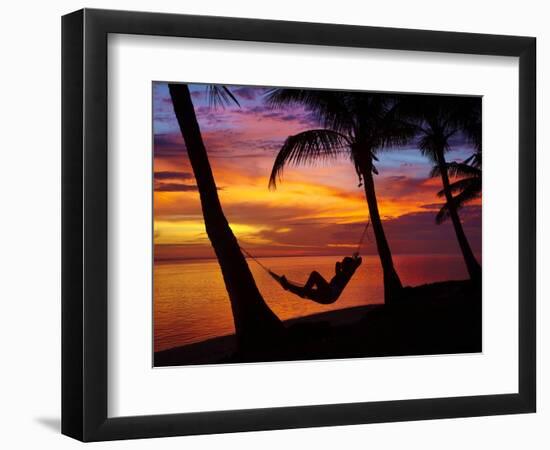 Woman in Hammock, and Palm Trees at Sunset, Coral Coast, Viti Levu, Fiji, South Pacific-David Wall-Framed Photographic Print