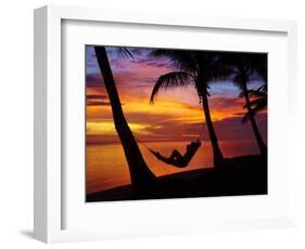 Woman in Hammock, and Palm Trees at Sunset, Coral Coast, Viti Levu, Fiji, South Pacific-David Wall-Framed Photographic Print