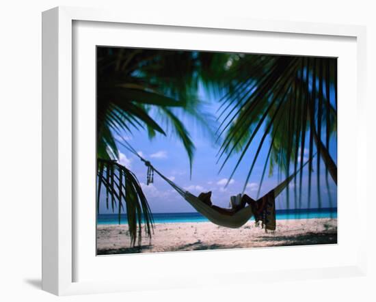 Woman in Hammock on Beach, Ari Atoll, Maldives-Stuart Westmorland-Framed Premium Photographic Print