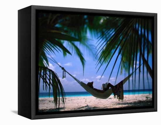 Woman in Hammock on Beach, Ari Atoll, Maldives-Stuart Westmorland-Framed Stretched Canvas