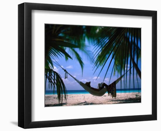 Woman in Hammock on Beach, Ari Atoll, Maldives-Stuart Westmorland-Framed Photographic Print