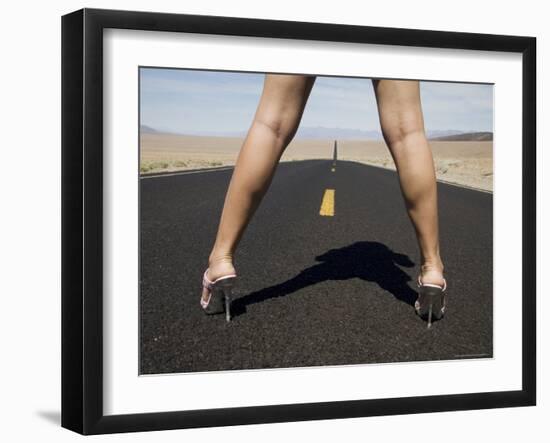 Woman in High Heels on Empty Road, Death Valley National Park, California-Angelo Cavalli-Framed Photographic Print