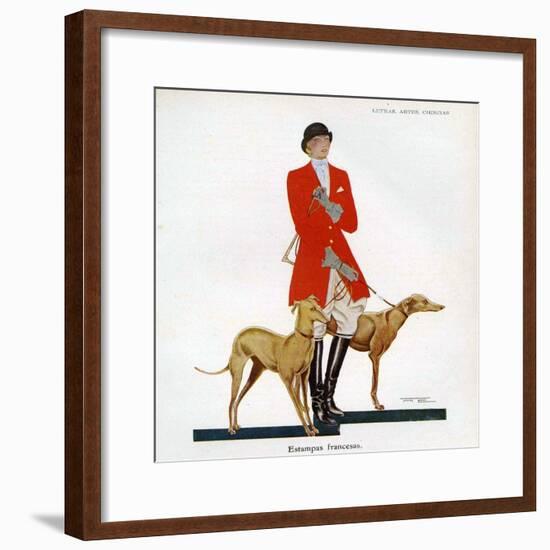 Woman in Hunting Outfit with Hounds, Magazine Plate, Spain, 1929-null-Framed Giclee Print