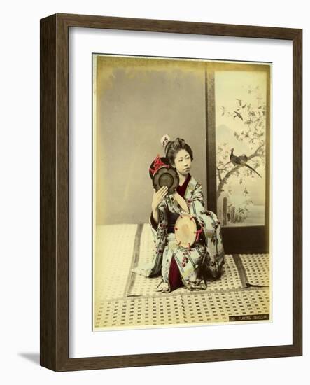 Woman in Kimono Playing Tsudzumi-Pump Park-Framed Photographic Print