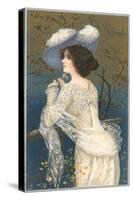 Woman in Lacy White Dress and Feathered Hat-null-Stretched Canvas