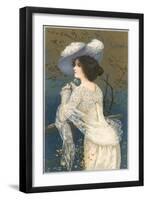 Woman in Lacy White Dress and Feathered Hat-Found Image Press-Framed Giclee Print