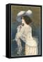 Woman in Lacy White Dress and Feathered Hat-Found Image Press-Framed Stretched Canvas